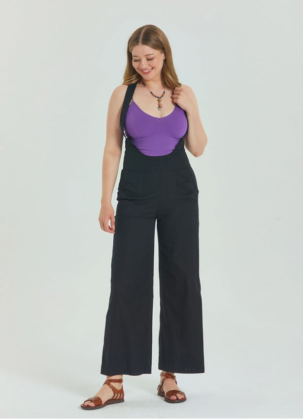 Zipper Detailed Pocket Black Womens Bohemian Jumpsuit 4674